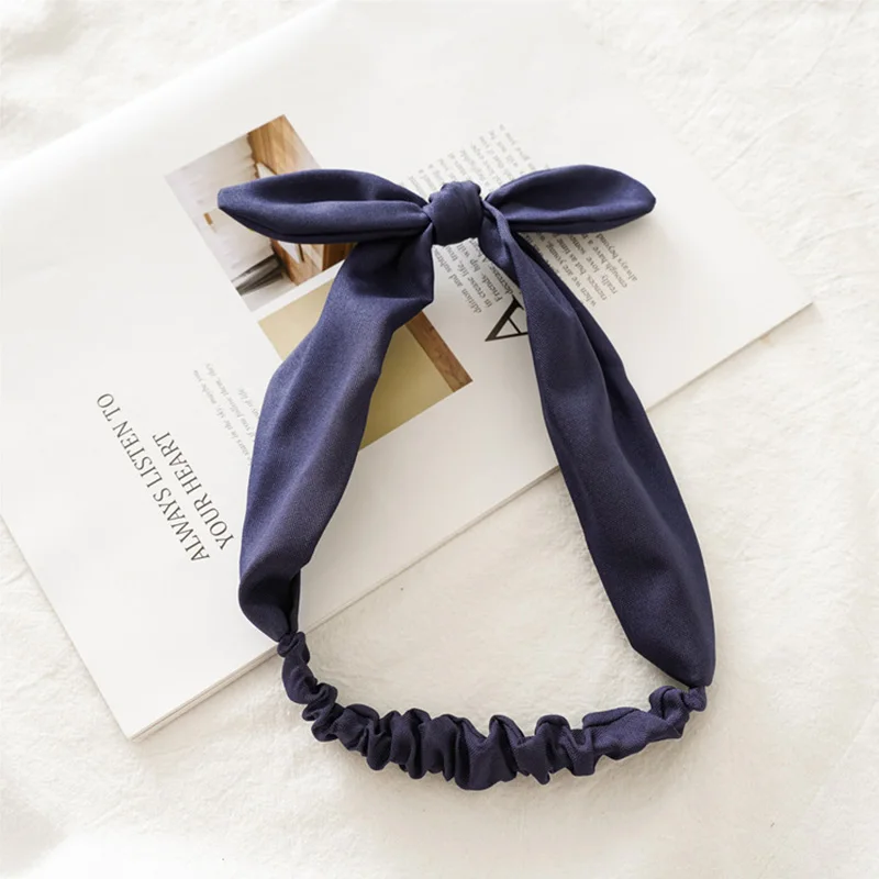 style 10 navy blue Одноцветный ободок с заячьими ушами для женщин, завязанный бантом, повязка для волос, женский эластичный ободок для волос с заячьими ушками, головной убор, аксессуары для волос - Цвет: style 10 navy blue