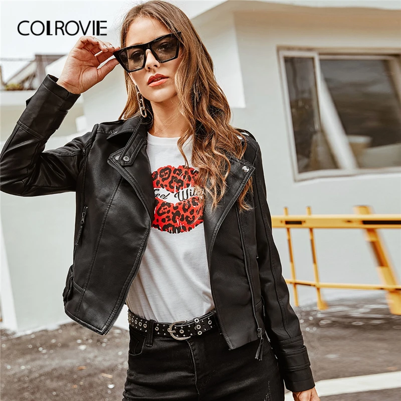 Черная байкерская куртка COLROVIE из искусственной кожи на молнии Женская мода 2019