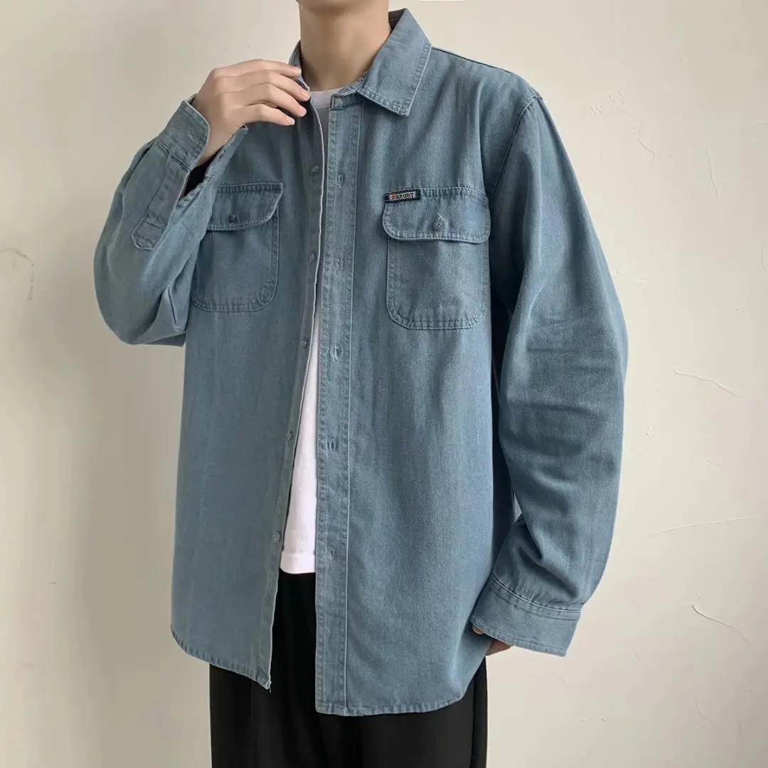 

Autumn Men 100cotton Denim Crocodile Jeans Shirts Camisa Masculina Long Sleeve Social Hombre Chemises Homme Streetwear Casual