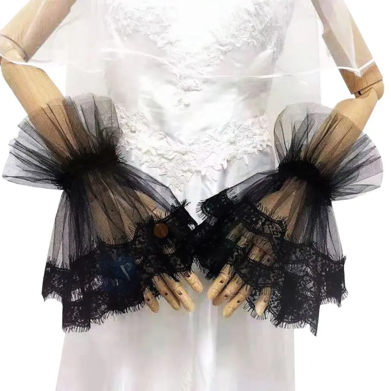 Черные Свадебные перчатки с кружевной аппликацией длиной до запястья элегантные