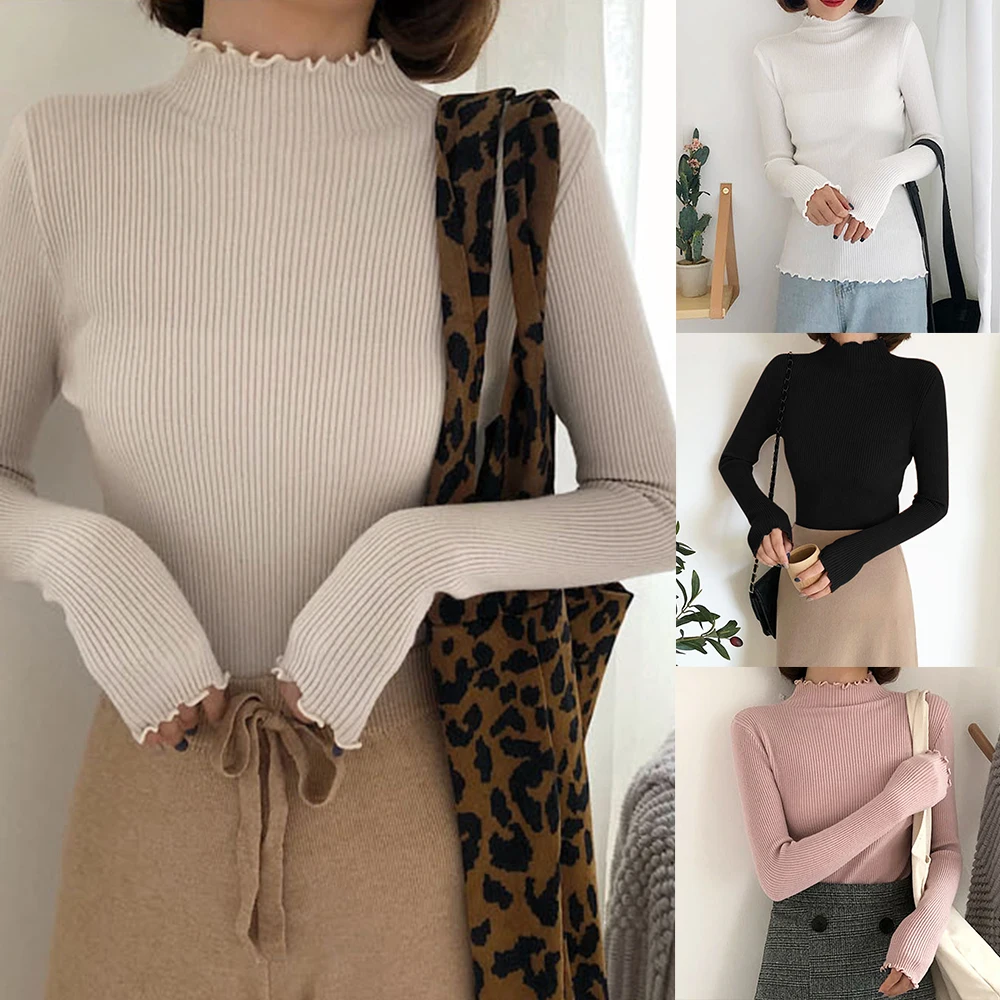 Осень-зима 2019 модный тонкий свитер для женщин водолазка с рюшами женский