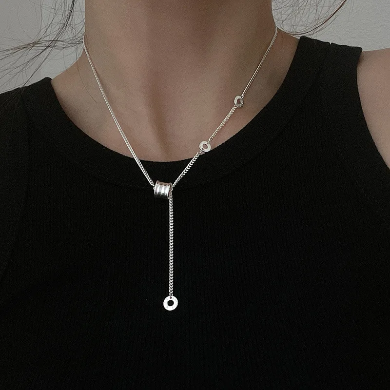 

925 Sterling Silver Tassel Long Chain Circle Charm Pendent Necklace For Women Clavicle Wedding Party Jewelry Collier Femme