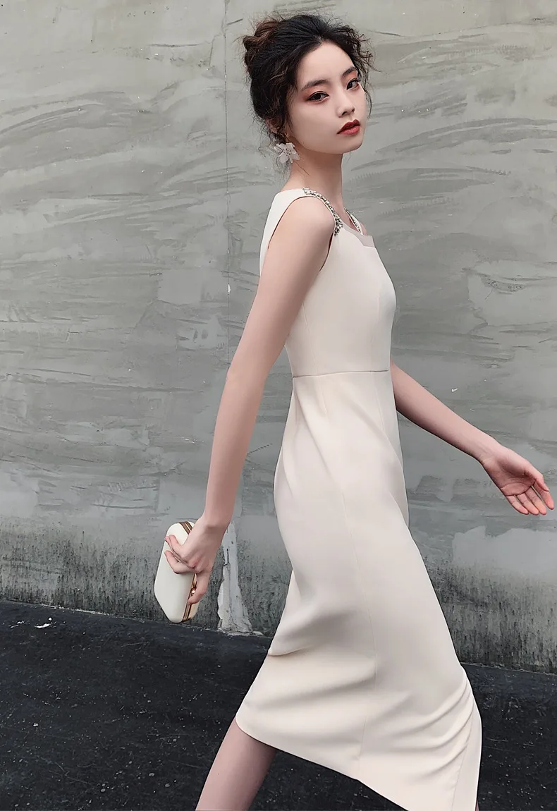 

2021 Spring Summer Banquet Dinner Ladies Fashion Elegant Dress New Daily Style French Simple Solid Color Women Mid-length Dress