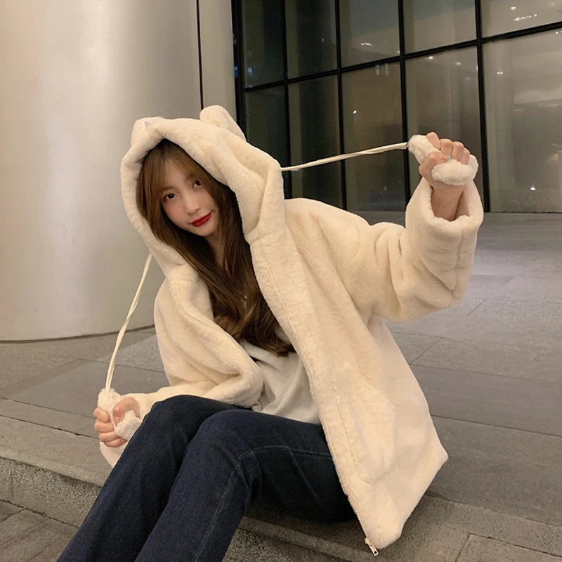 Winter Kawaii Lolita Teddy Jacket Girl Cute Dynamic Rabbit Ears Plush Hooded Zipper Jacket Women Soft Thick Warm Furry Outerwear