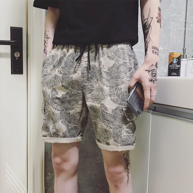 

Fashion Leaves Printing Fivepence Pants Print Elastic Waist Men Shorts Baroque Designer Bermudas Masculino Bermuda Homme Short