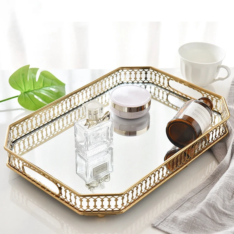 

Прямоугольный Золотой зеркальный поднос, стеклянный косметический Органайзер для ювелирных изделий декоративный поднос, поднос для хране...