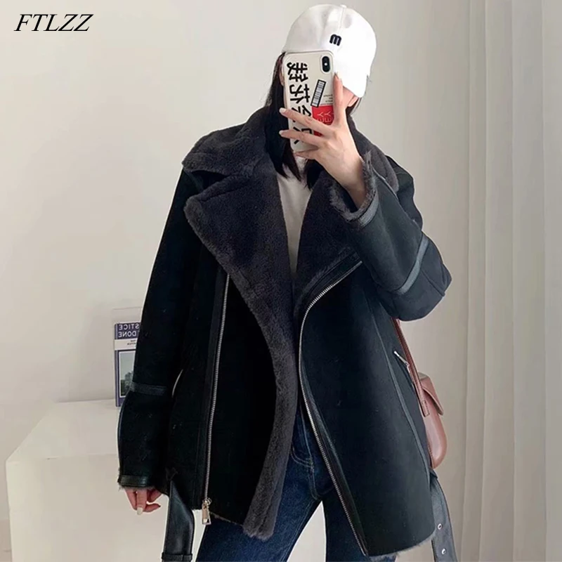 FTLZZ Winter Women  Faux Leather Fur Jacket  Leather Coat Moto Bike Thickness Overcoat Lamb Wool Splicing Warm Outwear with Belt