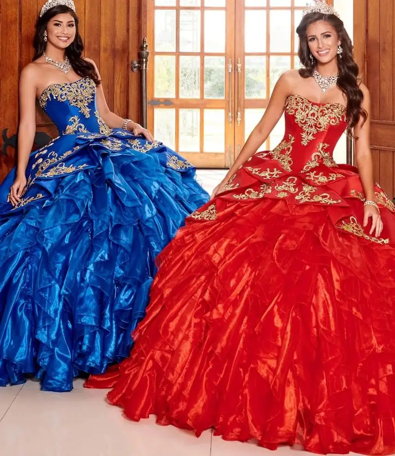 

Gorgeous 15 Year Quinceanera Dresses Blue Red Organza Tiered Ruffles with Golden Appliques Sweetheart with Jacket Party Gown