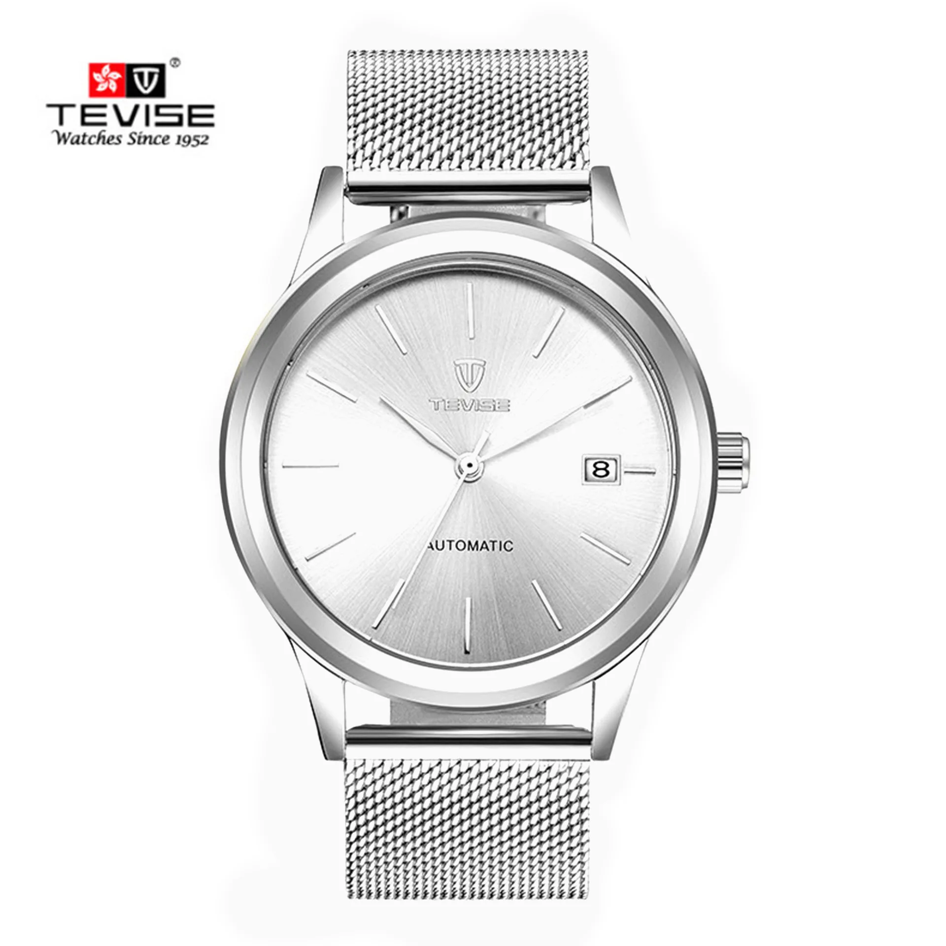 Men-Silver-White TEVISE Топ бренд класса люкс автоматические механические мужские женские часы с браслетом дамские водонепроницаемые сетчатые стальные платья парные наручные часы - Цвет: Men-Silver-White