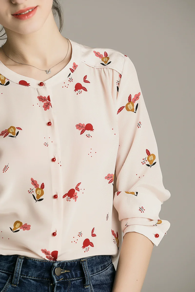 Женский топ из натурального шелка шифоновая блузка с длинным рукавом и принтом