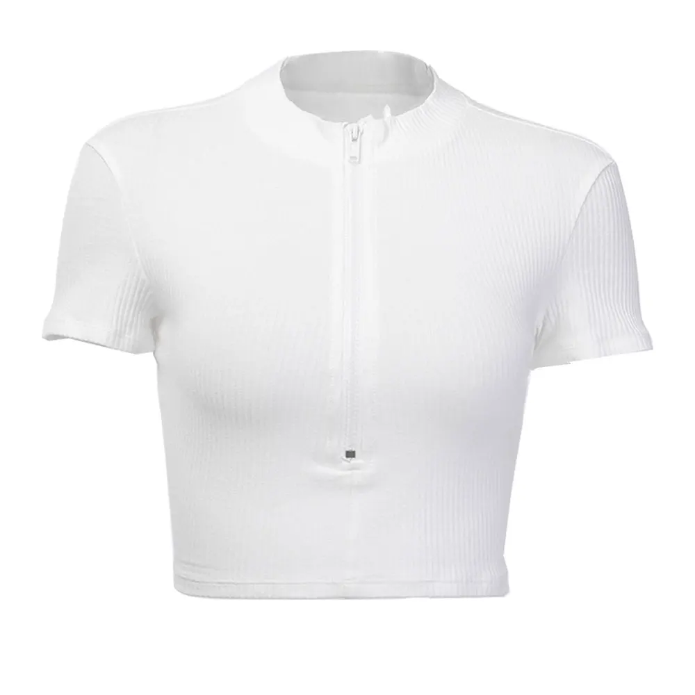 Женская мода футболки дамы стоячий воротник молния полосатый короткий