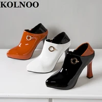 kolnoo new handmade ladies chunky heels pumps patchwork patent leather evening party prom three colors daily wear fashion shoes