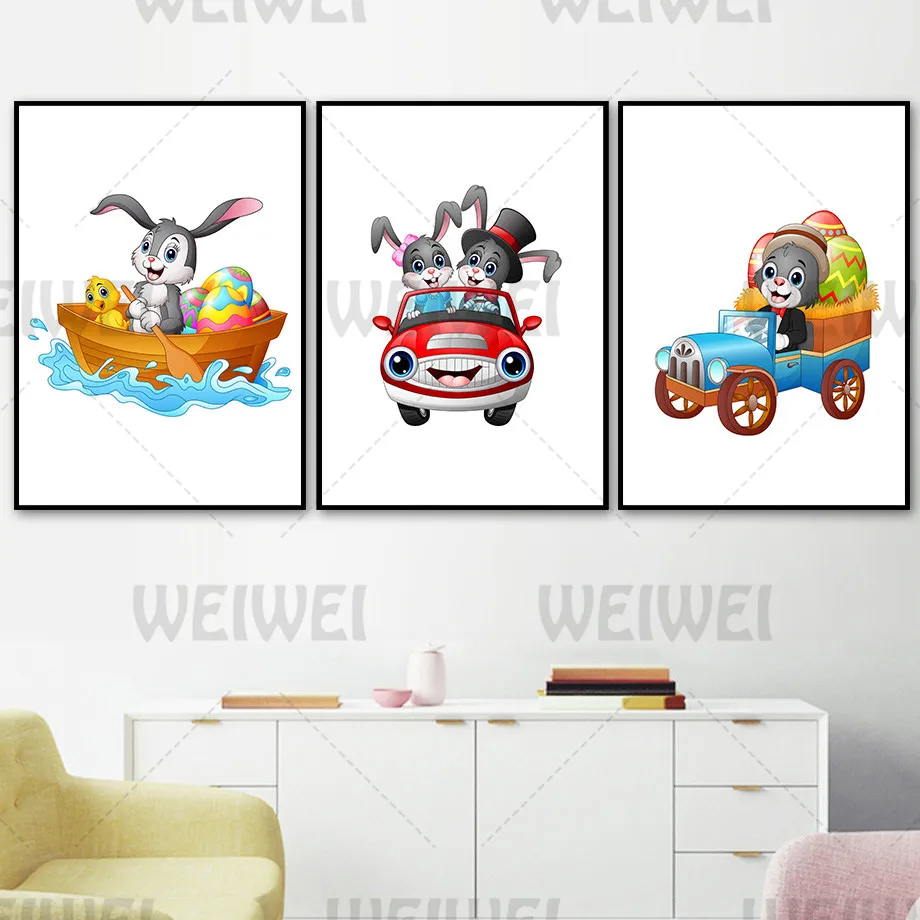 

Small Animal Driving a Car Home Decoration Painting Rabbit Bath Bathroom Canvas Poster Cute Kid Room Bedroom Living Room Prints