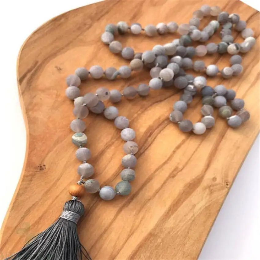 

8 мм матовые серые Агатовые кисточки 108 бусины Мала ожерелье религиозная молитва медитация Исцеление Сутра драгоценный камень женский браслет