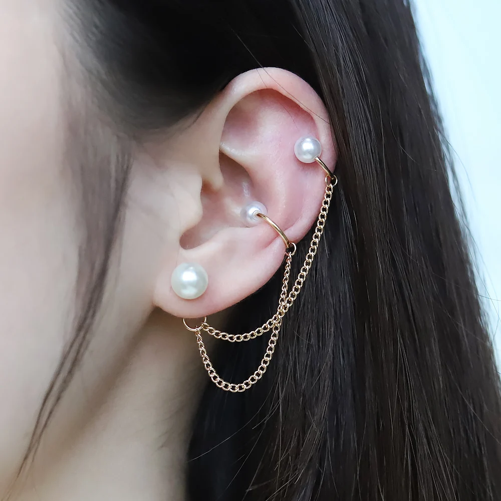 

1pcs Earrings Jewelry Fashion Metal Ear Clip Pearl Tassel Earrings for Women Gift Pendientes Ear Cuff Caught In Cuffs