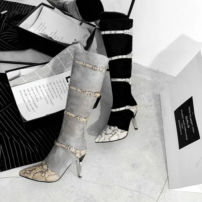 

Snake skin print knee-high boots Women boots new winter Warm Plush black/gray Thin high heels point toe shoes buckle plus size