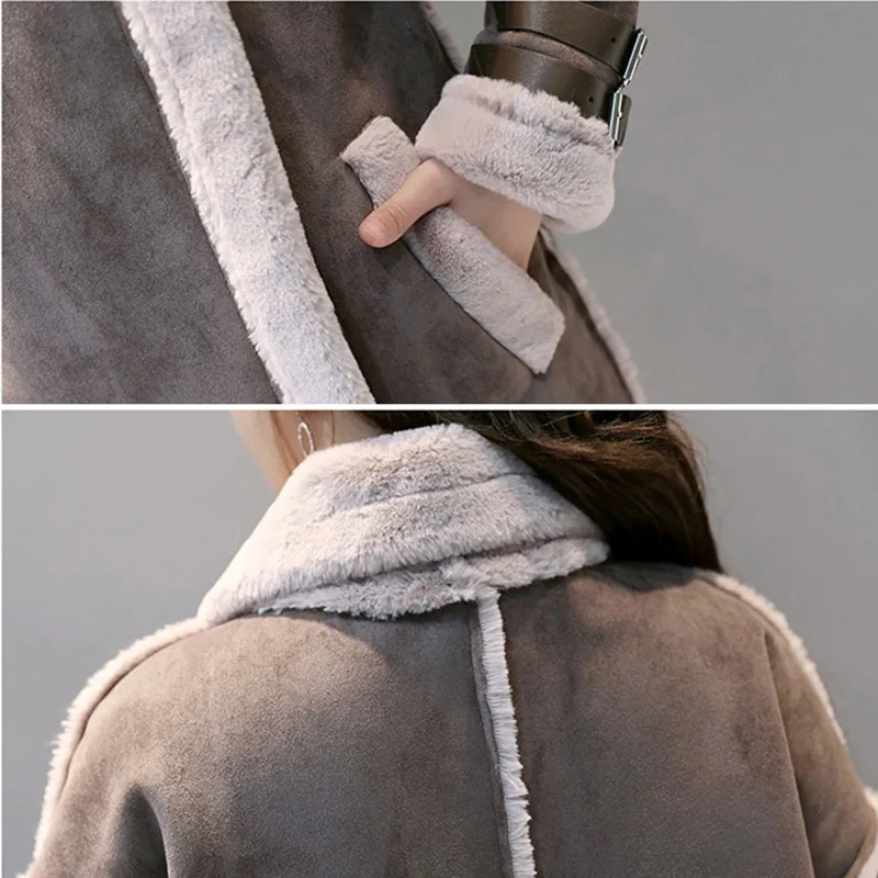 Новая зимняя женская замшевая куртка с искусственным мехом из искусственной оленины, длинная куртка из шерсти, толстая парка из искусственного ягненка OK409.