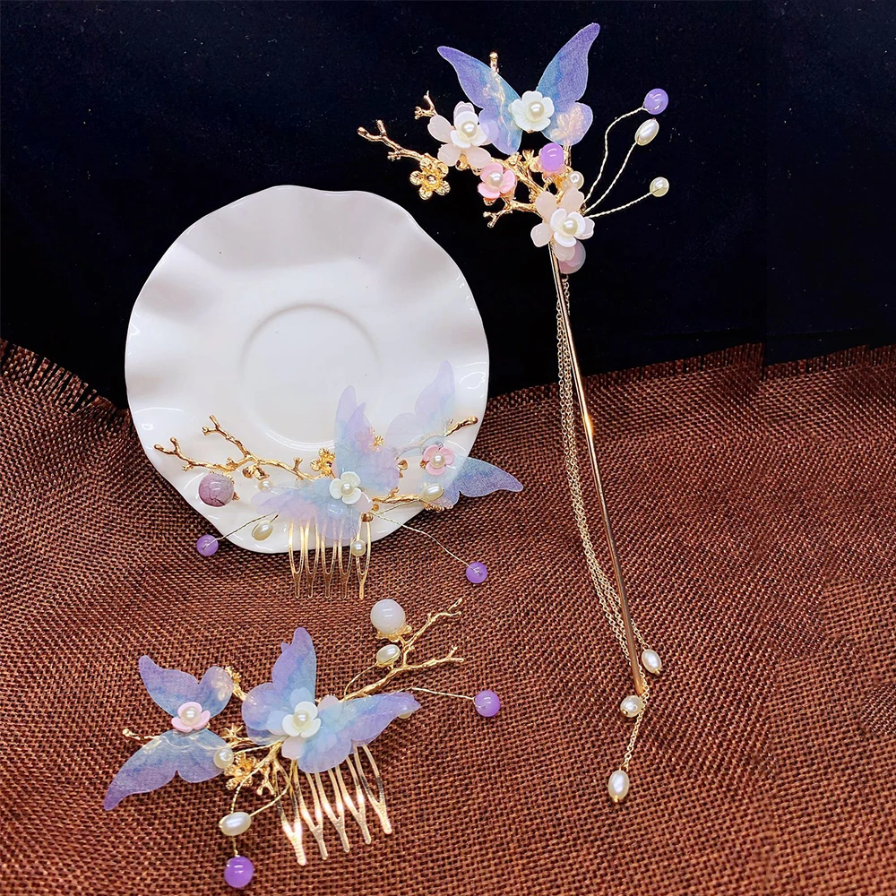 

Chinese Hanfu Traditional Hairpin Sets Classical Style Handmade Tassel Butterfly Hair Comb Elegant Butterfly Hair Accessories
