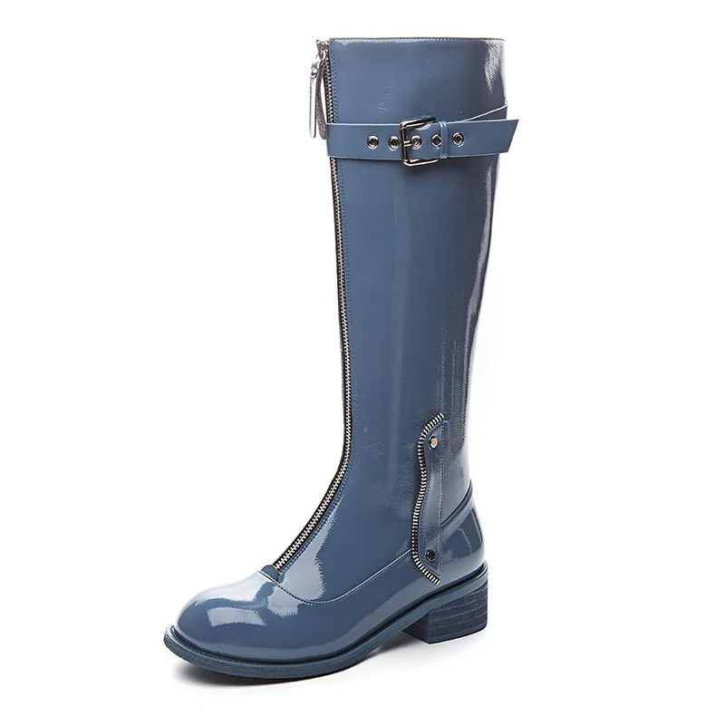 

Front Zipper Shiny Patent Leather Belt Buckle Mid Thick Heel Black High Top Long Knight Boots New Round Toe Designer Shoes Women
