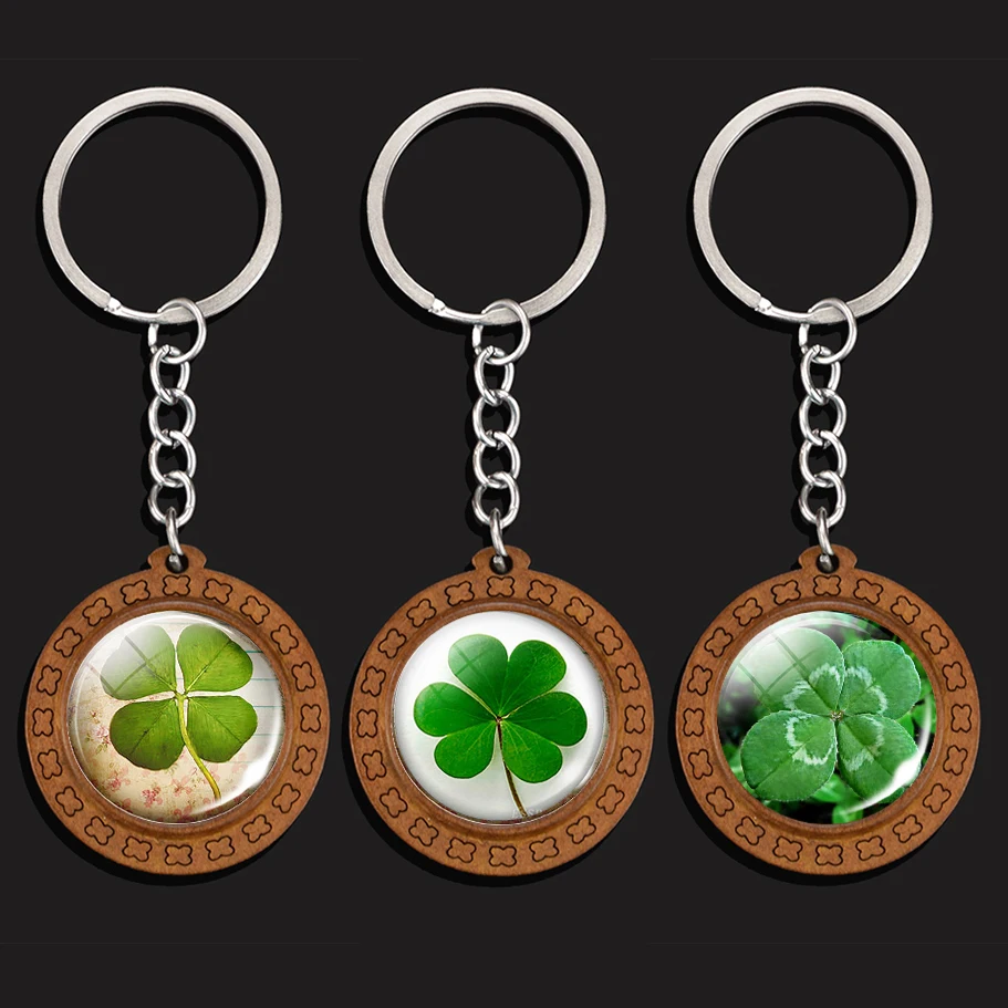 

Lucky Four-leaf Clover Keychains Keyrings Clover Photo Glass Cabochon Pendant Keychain Handmade Wooden Keyring Wholesale