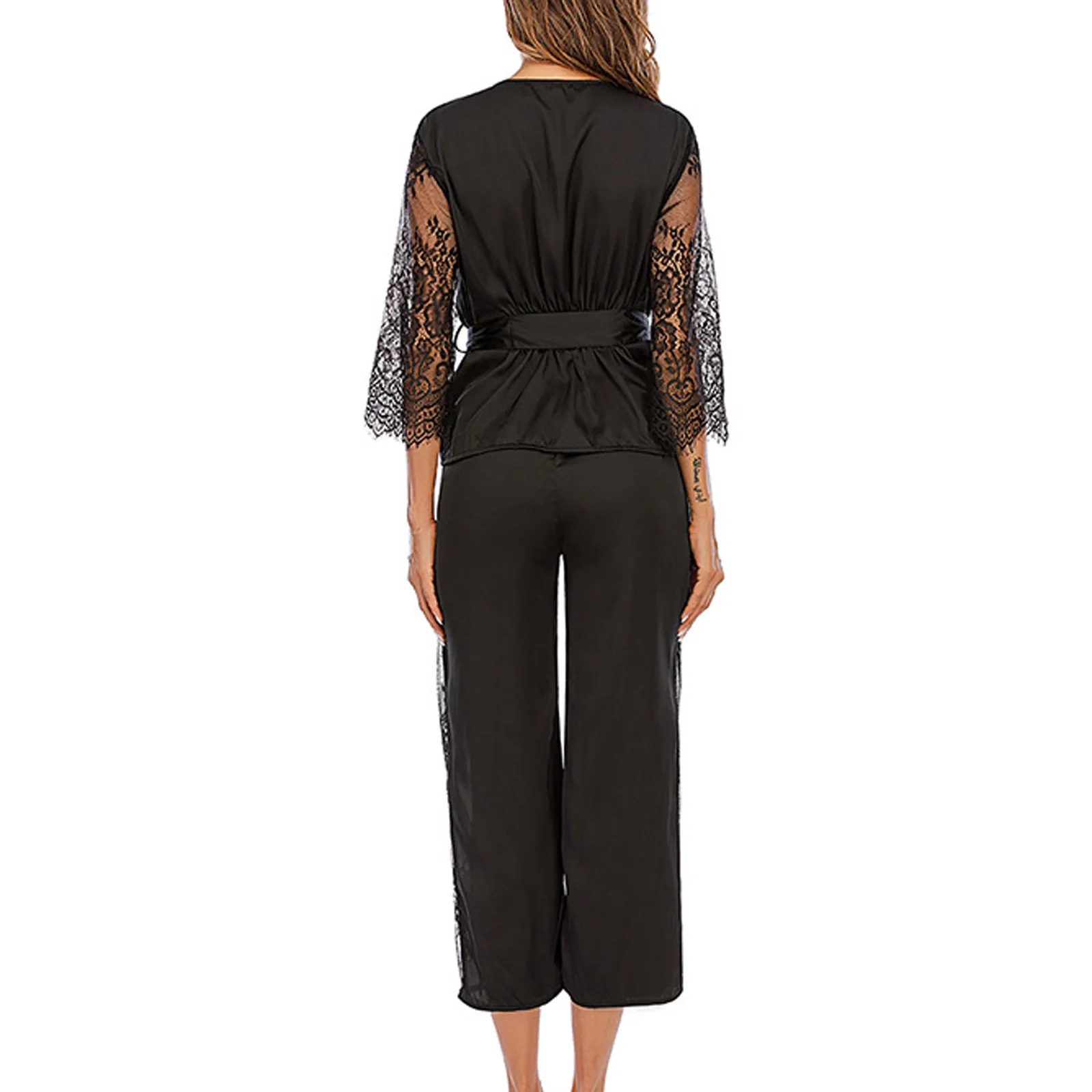 

Women Fashion Sexy Lace Sets Wear Lounge Wear Pocket Home Sleep Set Tops+Pants