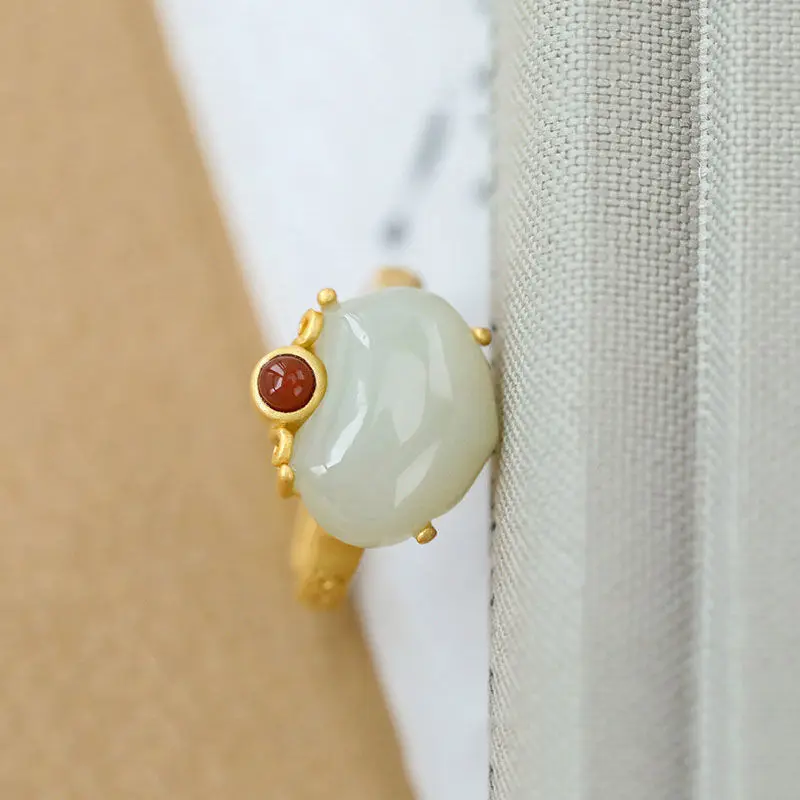 

Natural Hetian Jade Peach Ring Sterling Silver Golden South Red Jade Open Ring Women's Fashion Exquisite Gold Ring