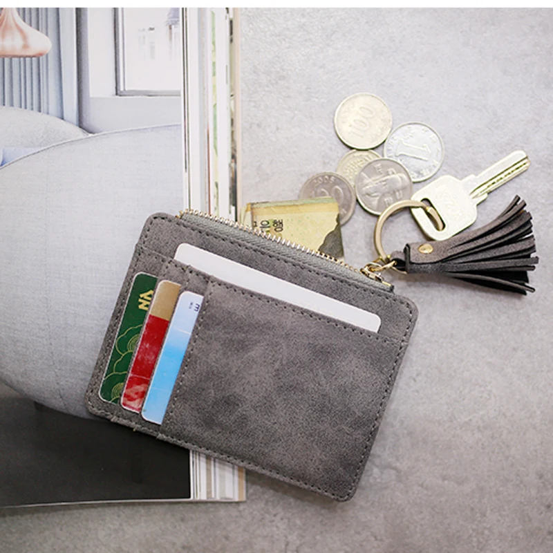 Matt Leather Mini Tassel Women Card Holder Cute Credit ID Card Holders Zipper Wallet Case Change Coin Purse Keychain Nubuck New