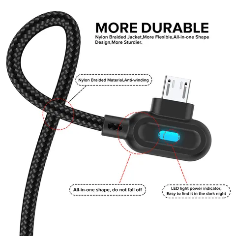 Marjay 90-градусный кабель Micro USB Type C 1M 2M Светодиодный кабель для быстрой зарядки для Samsung Xiaomi Huawei Android Кабель USB Type C Зарядное устройство