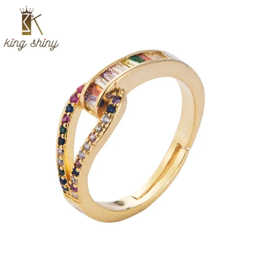

Multi Color Rainbow Cubic Zirconia Copper Finger Rings for Woman Luxury CZ Micro Pave Adjustable Bridal Engagement Wedding Rings