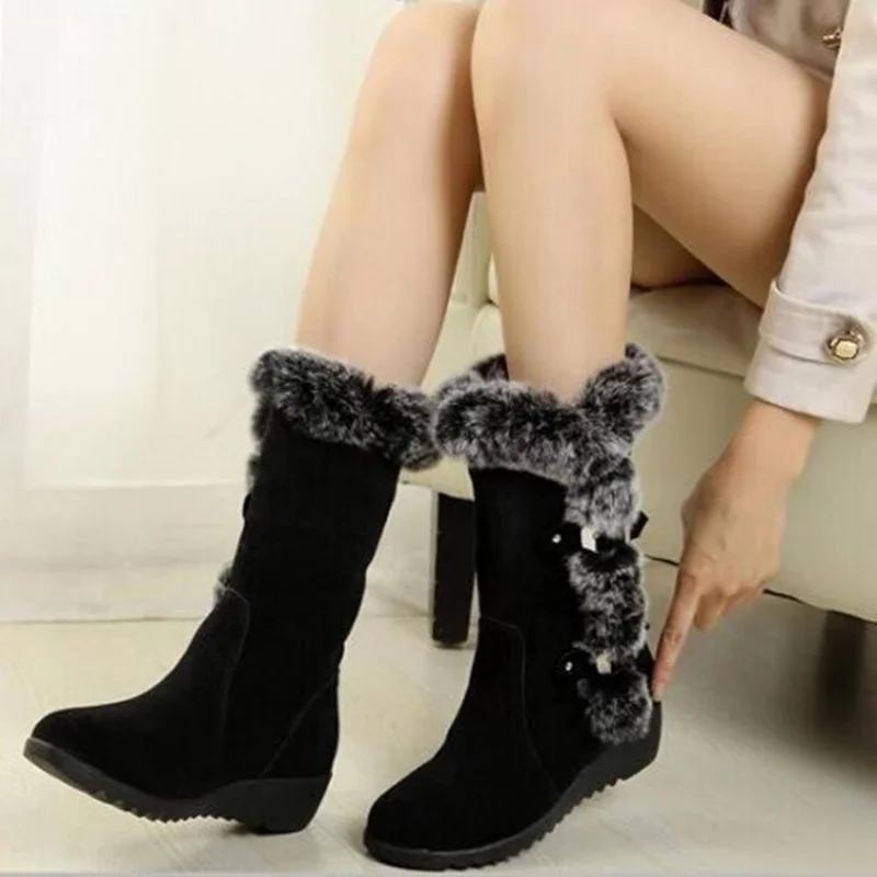 

New Winter Women Boots Casual Warm Fur Mid-Calf Boots shoes Women Slip-On Round Toe wedges Snow Boots shoes Muje Plus size