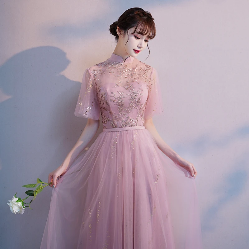 

Vintage High Neck A-line Floor-length Tulle Long Evening Dresses For Wedding Party 2020 Elegant Modest Formal Gown With Sleeve