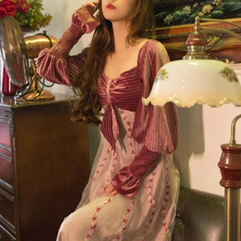 

Korean 2021 Autumn French Vintage Dresses Women Elegant Patchwork Party Evening Midi Dress Female Long Sleeve One Piece Dresses