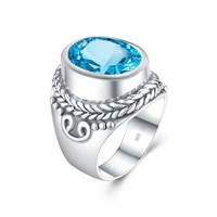 szjinao real 925 sterling silver men ring handmade designer fine jewelry gemstones blue topaz vintage leaves rings for women new
