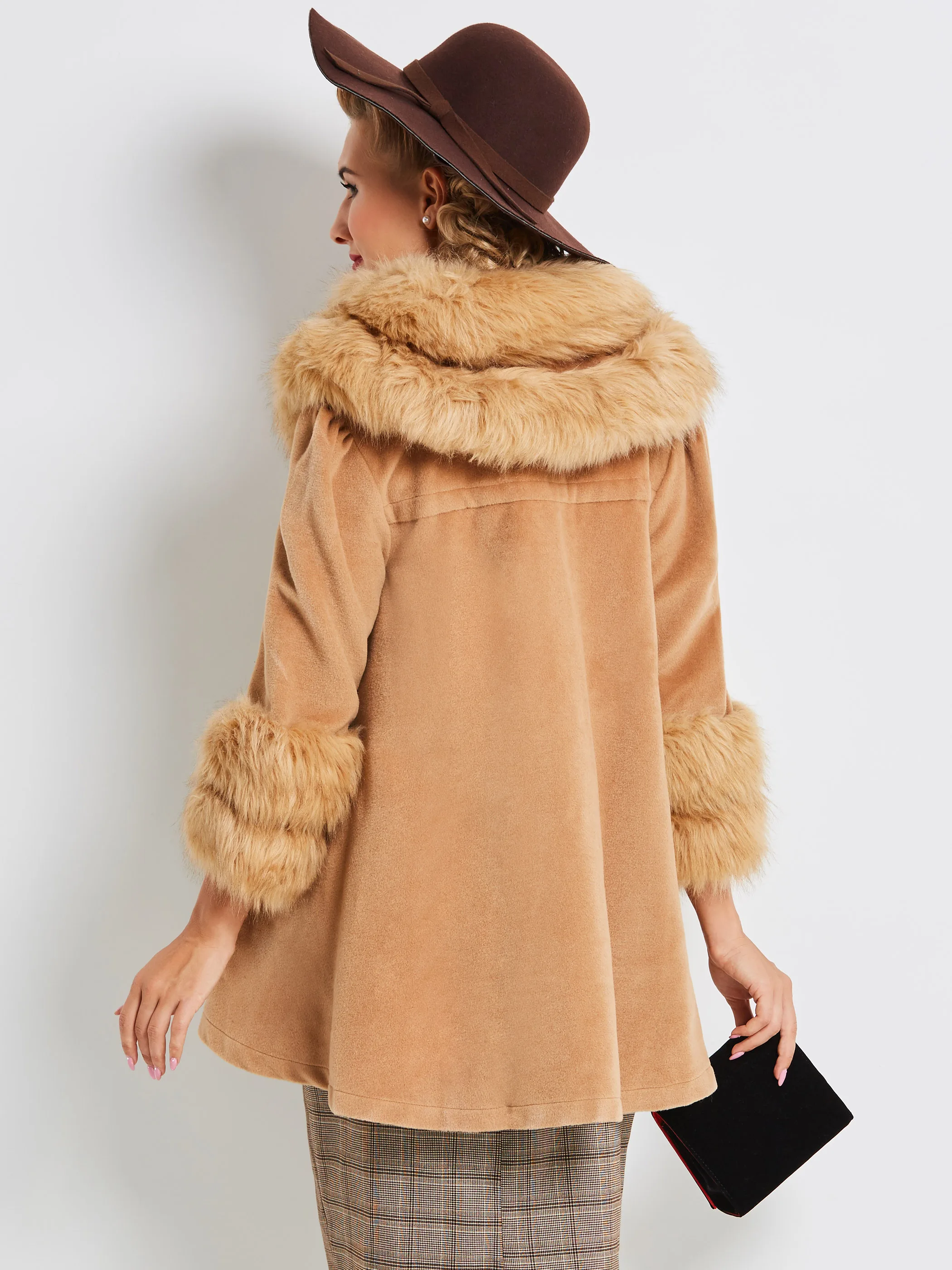 

Women Woolen Coat Vintage Luxury Fake Fur Collar Soft Elegant Casual Street Stylish Outerwear Ladies Autumn Winter Warm Overcoat