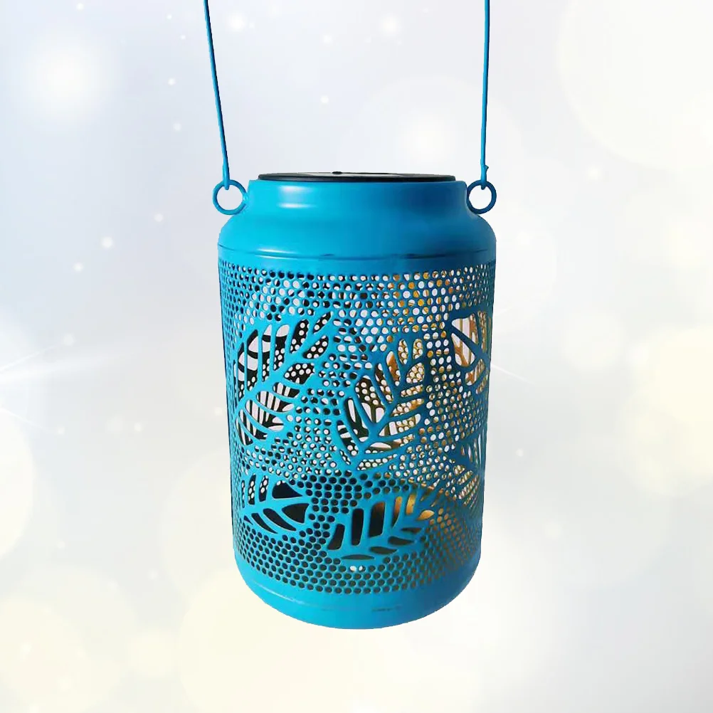 

1pc Solar Power Iron Art Portable Lantern Light Lamp Hollow out Maple Leaves Shape for Courtyard Landscape Decor (Blue) q5