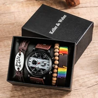 bracelet watch gift set mens business leather watch quartz brown wristwatch woven bracelet best new year gift with box for sons
