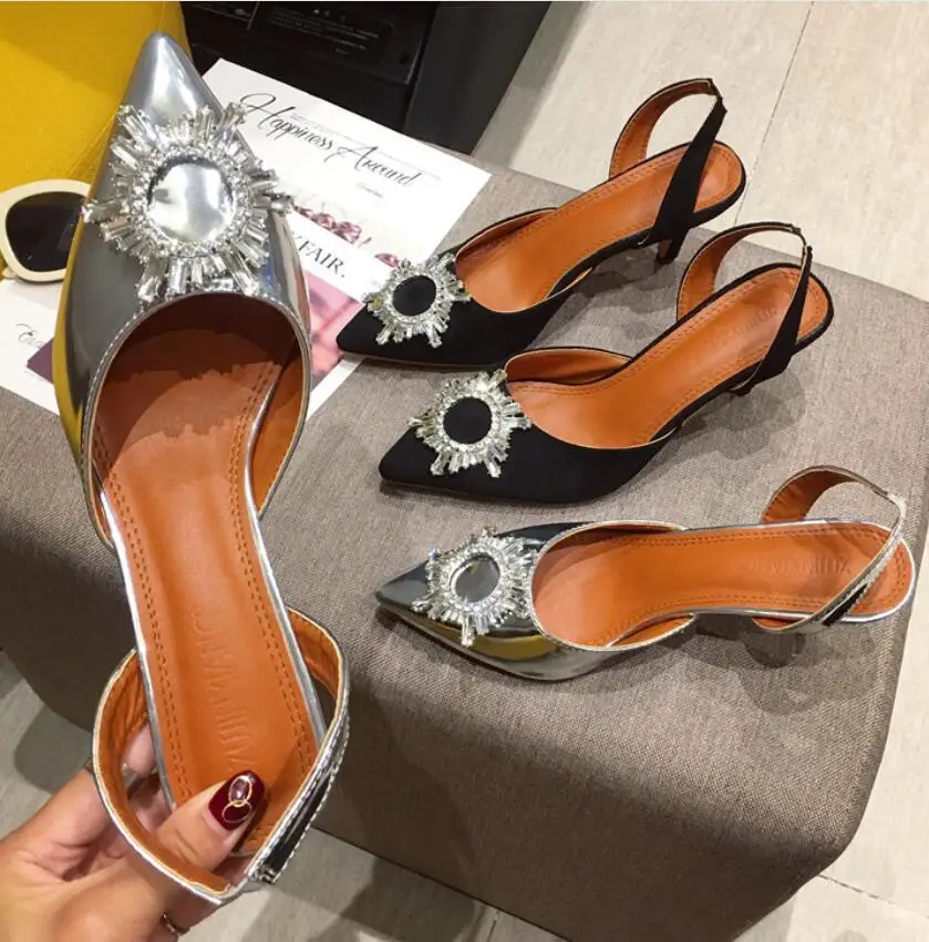 2019 летние женские сандалии с заостренным носком Стразы Pu тонкая обувь на высоком