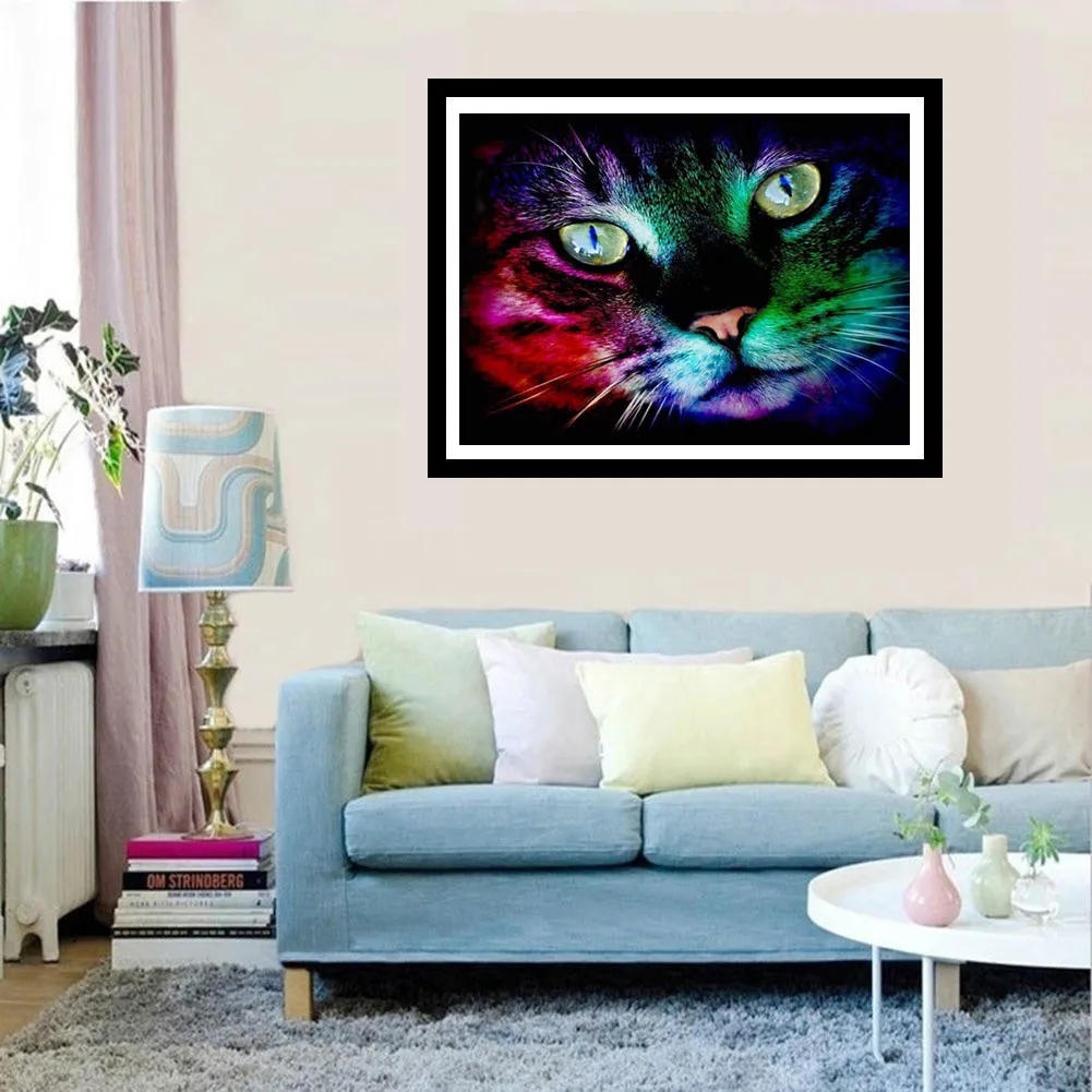 DIY вышивка кошка из кристаллов крестиком круглый горный хрусталь Незавершенное