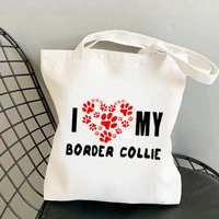 shopper paw prints border collie printed tote bag women harajuku shopper handbag girl shoulder shopping bag lady canvas bag