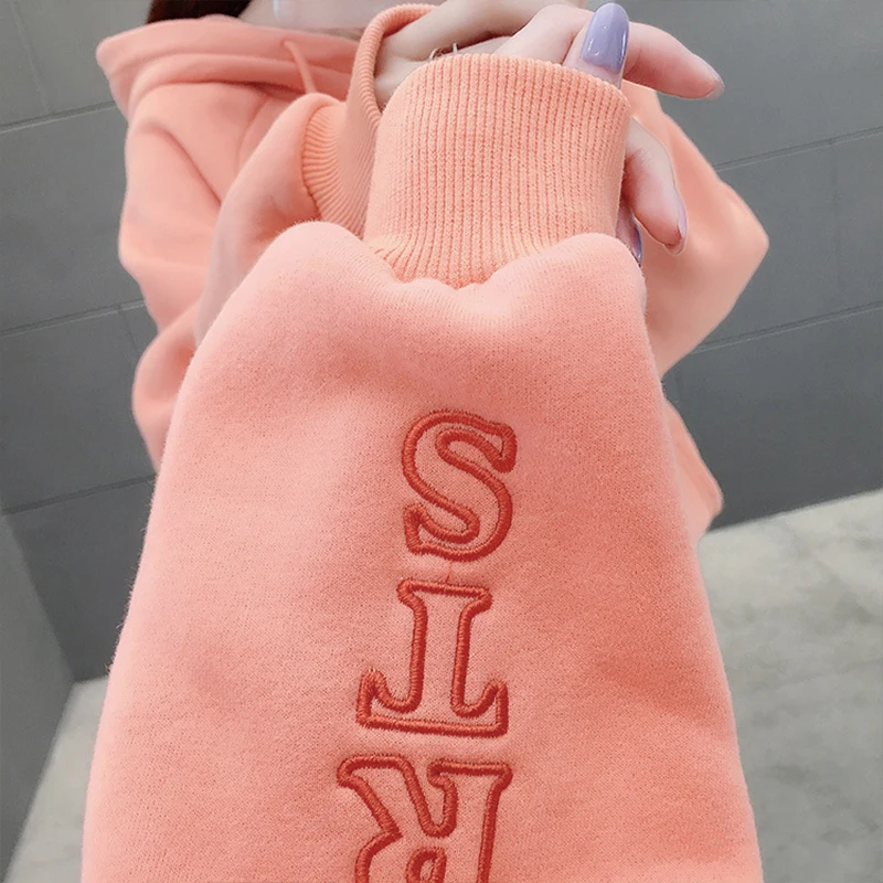 

CN 2020 Autumn Winter Sweartshirt Women Loose Oversize Letter Embroidery Hoodies Casual Solid Color Women Sweartshirt