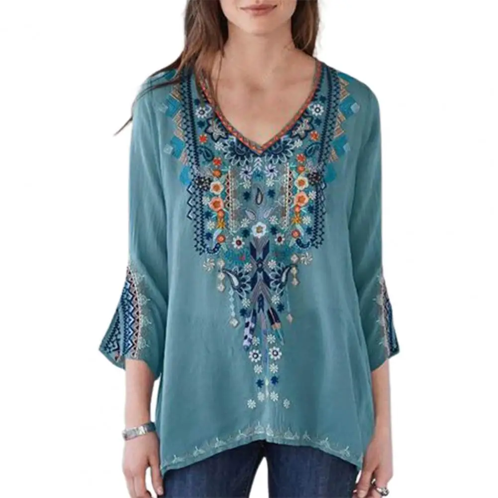 

2021 Popular Women Blouse Ethnic Print All Match V Neck Spring Autumn Flare 3/4 Sleeve Boho Top Streetwear for Dating