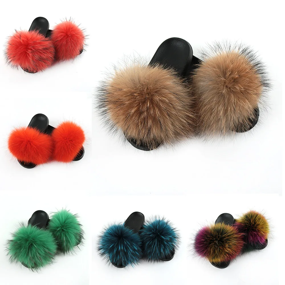

HY-ZHZMTX New Fashion 2021 Natural Raccoon Fur Fox Fur Slippers Women Flat Heel Home Slippers