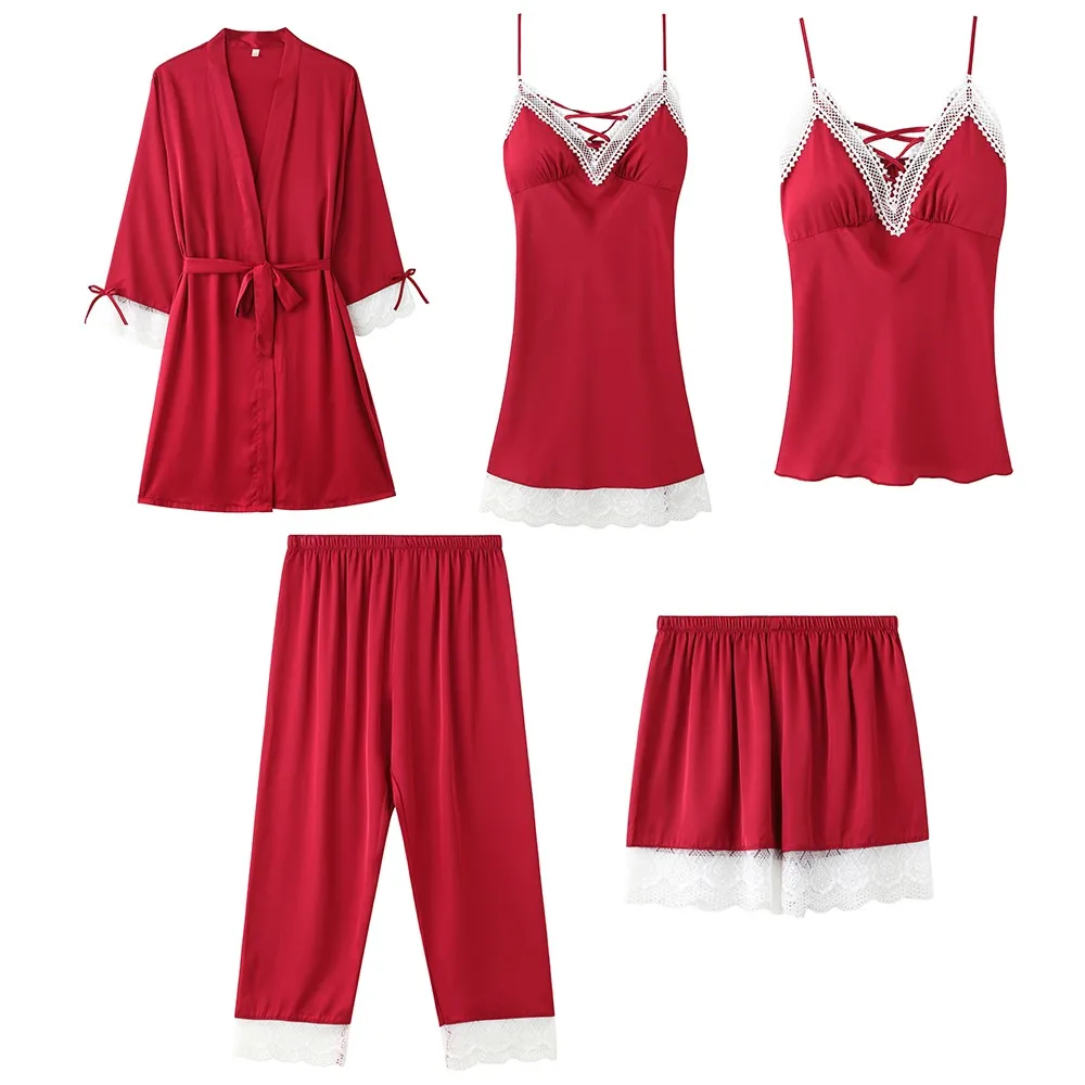 

Атласная женская одежда для сна Пижамный набор 5 шт. Пижамный костюм свободного покроя кимоно халат с кружевом одежда для сна пижамы сексуал...