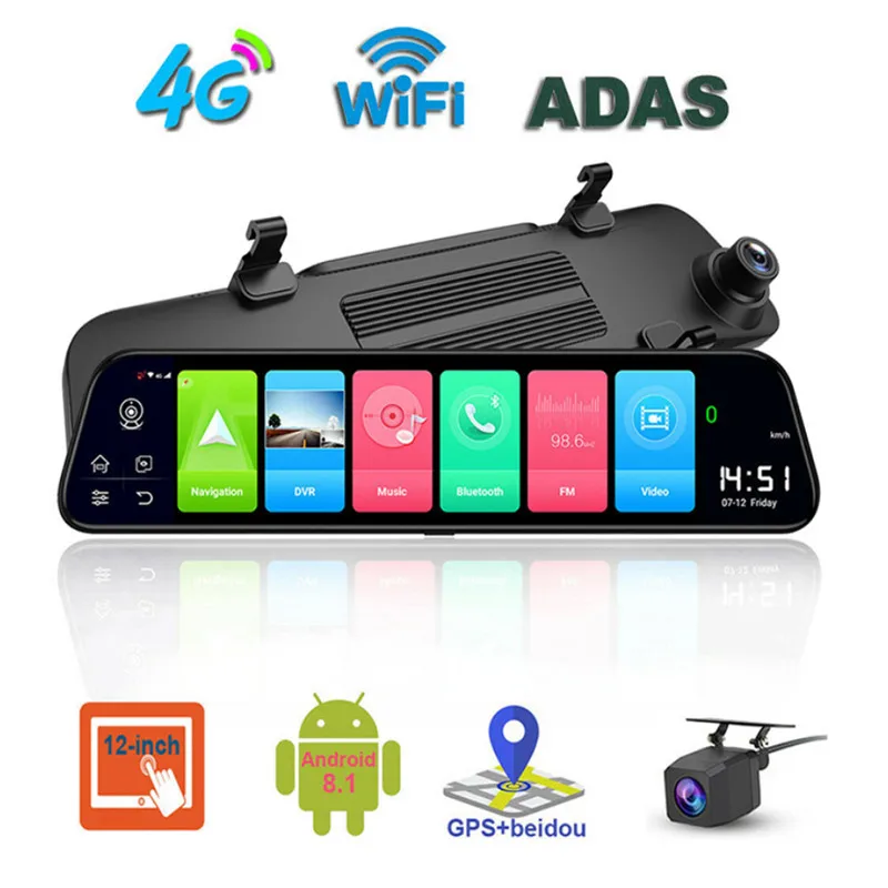 $109.44 4G Dash Cam 12 Inch Car Rearview Mirror ADAS Android 8.1 FHD Auto Recorder GPS Navigation Dash Camera Rear View Mirror Car DVR