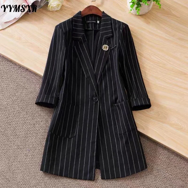 

2021 Summer Plus Size Black Mid-length Suit Jacket Female Casual Striped Professional Suit Thin Section High Quality