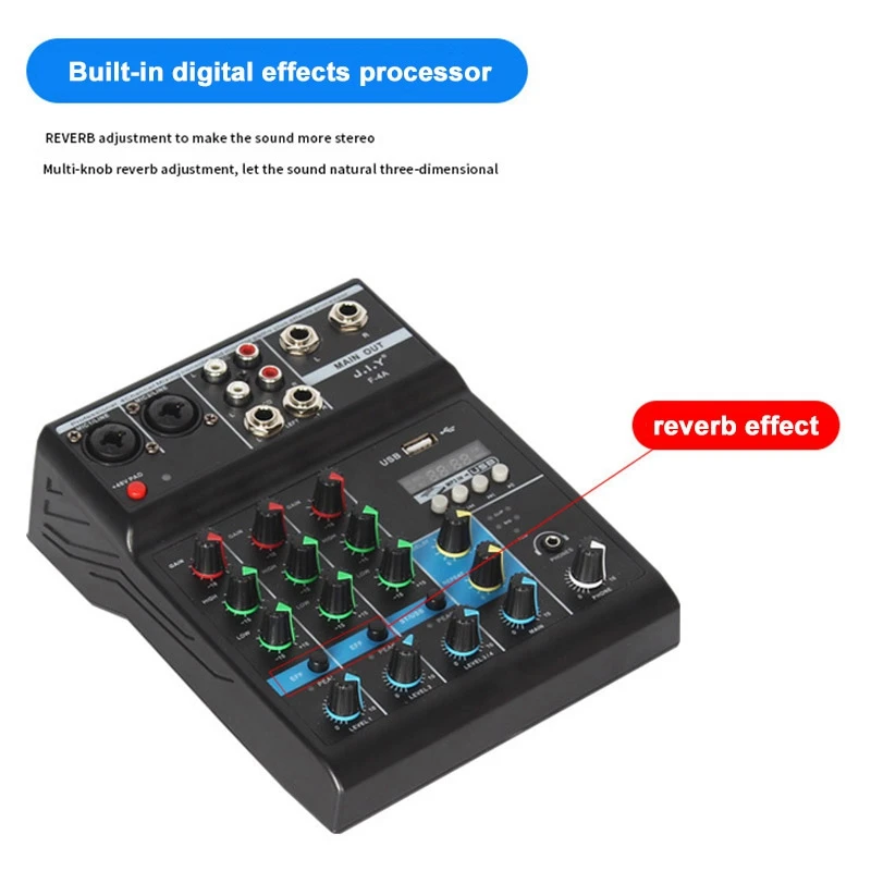 Professional 4 Channel Bluetooth Mixer o Mixing DJ Console with Reverb Effect for Home Karaoke USB Live Stage KTV |