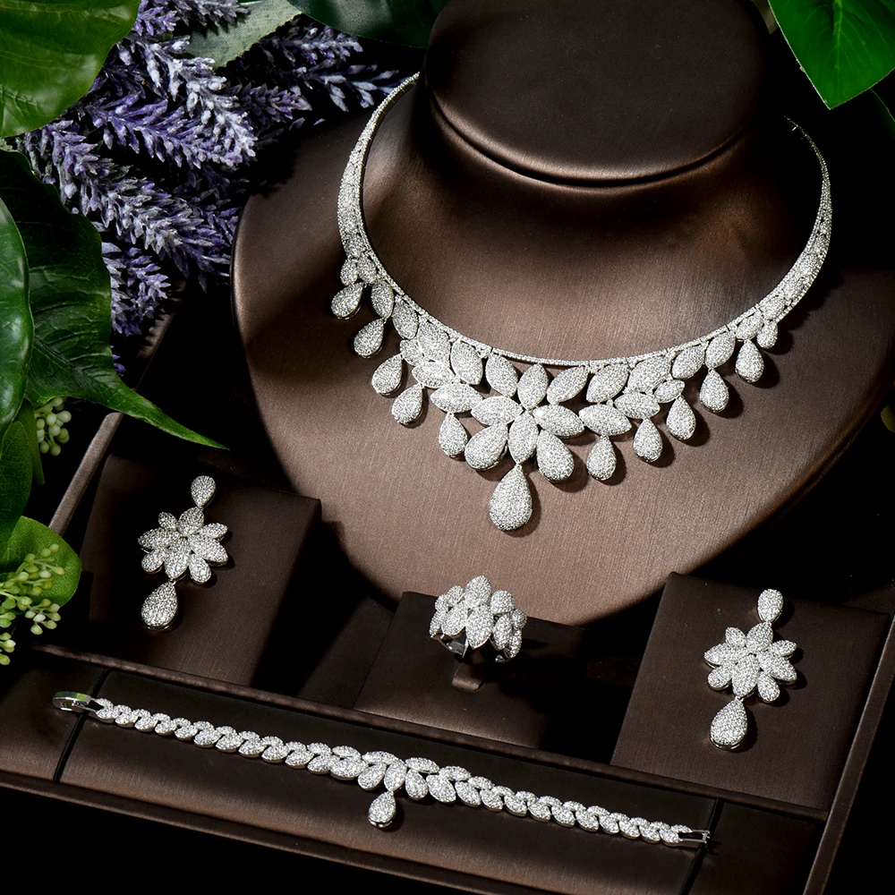 

HIBRIDE 4pcs Leaf Shape White CZ Stone Necklace Earring Jewelry Set For Women parure bijoux femme mariage Engagement Set N-1596