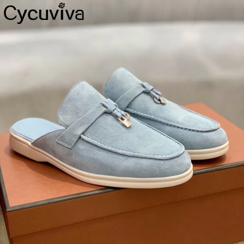 

Metal Lock Half Slippers Women Shoes Kid Suede Slip On Flat Shoes For Women Mules Round Toe Summer Walk Casual Slides Women Shoe