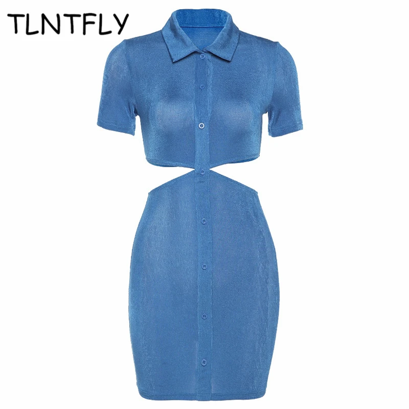 

Short Sleeve Dress Elegant Women's Dresses For 2021 Summer Lapel Single Breasted Sexy Fashion Hollow Slim Fit Hip Club Outfit