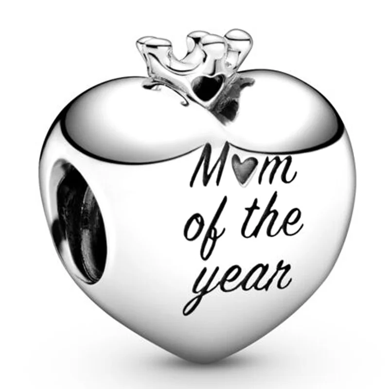 

Original 925 Sterling Silver Charm Princess Love Heart With Mom Of The Year Bead Fit Pandora Bracelet DIY Jewelry